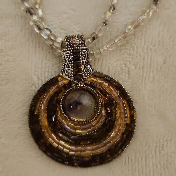 Vtg BEST 1980s Glass Beaded Round Pendant Witchy Necklace - Picture 3 of 13